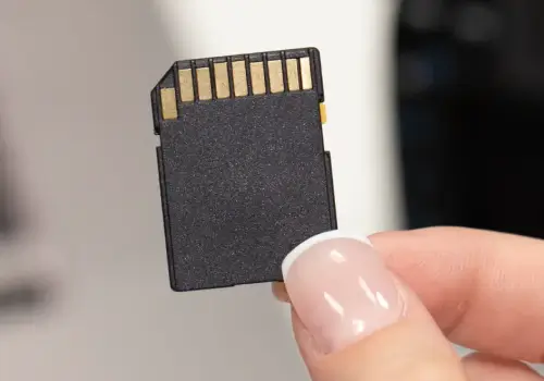 A close-up image of a person holding an SD card.