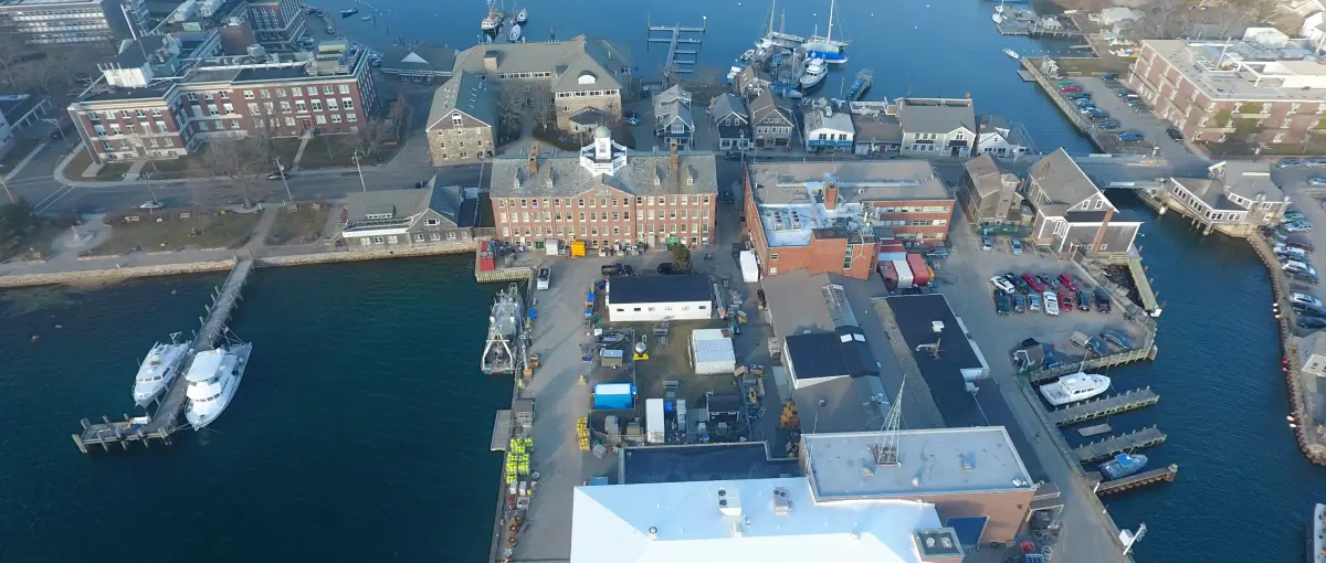 An overhead view of the Woods Hole Oceanographic Institution on Cape Cod in Massachusetts.